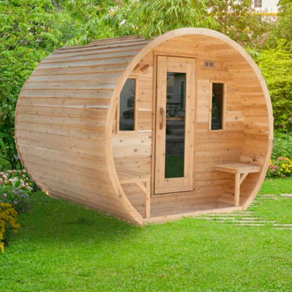 Traditional 4-Person Outdoor White Cedar Elation Barrel Schooner Sauna with Porch and Windows