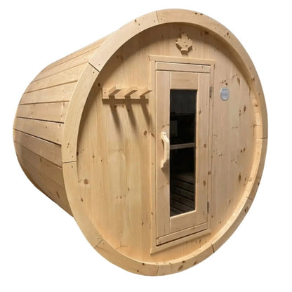Traditional 8-Person Solid Wood 9’ Outdoor Barrel Sauna in Pine, White or Red Cedar